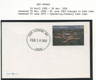 1999 stamped postcard canceled in Bar Harbor.