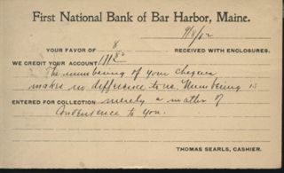 Postcard with stamp sent from the First National Bank in Bar Harbor to H. Clark in Southwest Harbor.