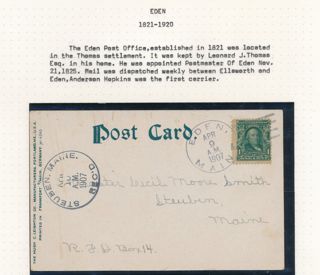 Pre-stamped postcard sent from Eden post office, 1907