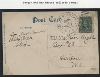 Postcard with stamp sent from Bar Harbor and delivered via Bangor and Bar Harbor railroad.