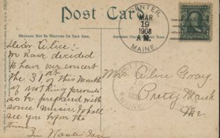 Picture postcard sent from Center post office 1908