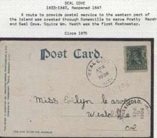 Postcard with 1 cent stamp sent from Seal Cove post Office, 1906