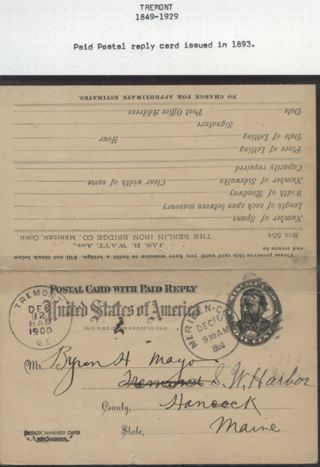 Postal card with paid reply sent from Seal Cove post Office, 1900