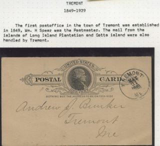 Pre-paid postal card sent from Tremont post Office, 1891