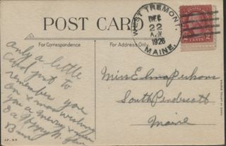 Post card & stamp sent from West Tremont post Office, 1926