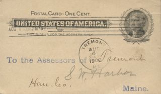 Pre-paid postal card sent from Tremont post Office, 1902