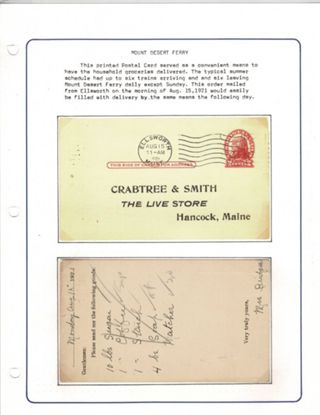Postcard with 2 cent stamp sent to Crabtree & Smith in Hancock for grocery delivery by train.