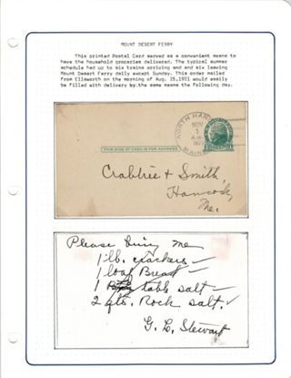 Postcard with 1 cent stamp sent to Crabtree & Smith in Hancock for grocery delivery by train.