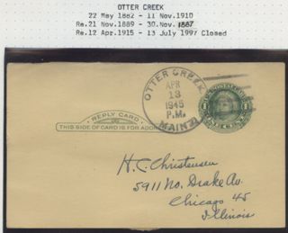 Pre-stamped postcard sent from Otter Creek Post Office 1945.