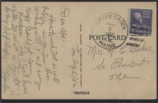 Postcard & 3 cent stamp sent from Otter Creek Post Office 1952.