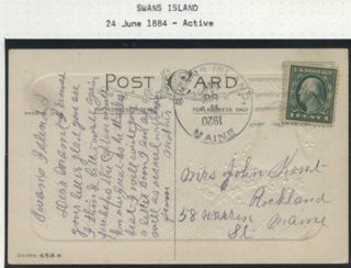 Postcard & 1 cent stamp sent from Swans Island post office 1920