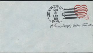 "Last Day" envelope sent from West Tremont post Office, 10/20/1987, the day the West Tremont post office was closed. Signed by Eleanor Murphy Carter.