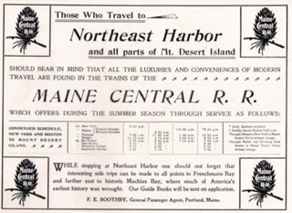 Advertisement for Maine Central Railroad service to Mount Desert island.