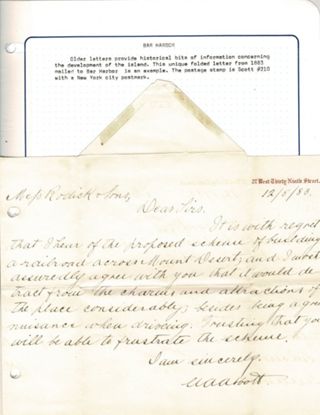 Unique folded letter with 2 cent stamp D. Rodick in Bar Harbor complaining about proposed rail service to the island.