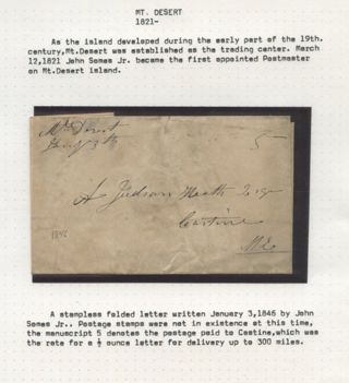 Hand folded envelope with 5 cent postage sent from Mount Desert Post Office in 1846..