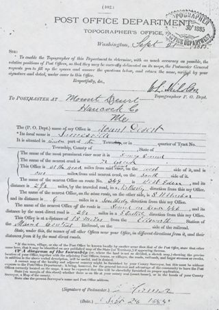 Copy of a letter from Post Office topographer's office to Mount Desert Post Office 9/21/1885