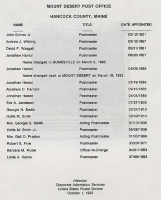 List of Postmasters at Mount Desert Post Office through 1993