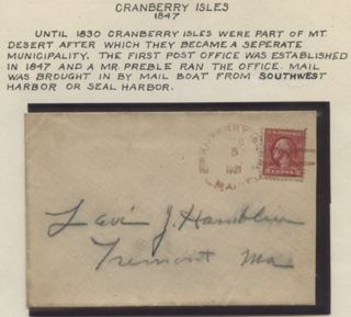 Envelope & 2 cent stamp sent from Cranberry Isles post office 1921