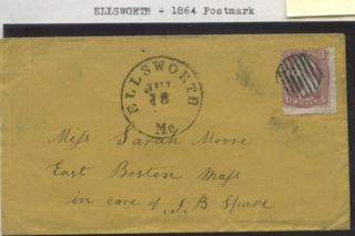 Envelope & 3 cent stamp sent from Ellsworth Post Office 1864