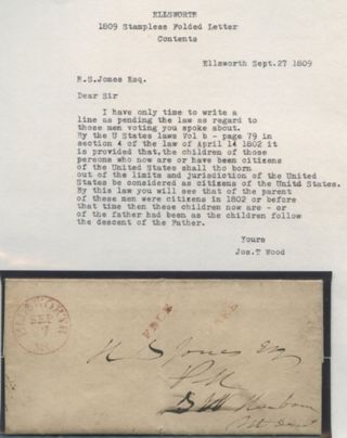 Stampless folded letter sent from the Ellsworth post office 1809