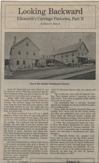 Re-printed article in the Ellsworth American about the Harry E. Davis Buckboard company, located in Ellsworth and Bar Harbor.