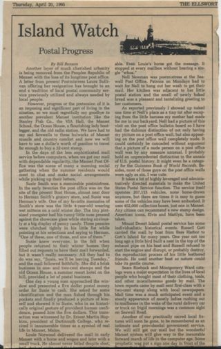 Newspaper article lamenting the closing of and history of Manset Post Office 1995