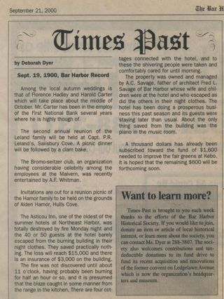 Excerpt from Bar Harbor record article re: Asticou Inn fire, 1900