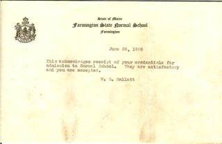 receipt of credentials, Farmington State normal school, 1928