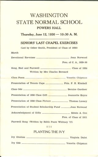 Washington State Normal School Commencement announcement of Senior's last chapel exercises