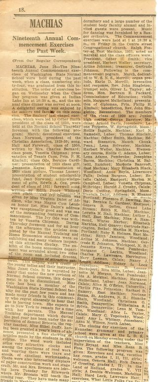 Newspaper clipping about Machias normal school graduation, 1930.