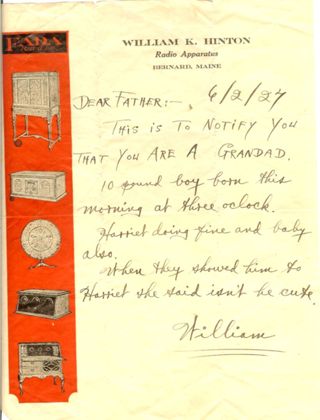 letter to Bill Hinton about birth of son, Paul