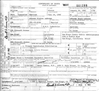 1982 death certificate of William Hinton
