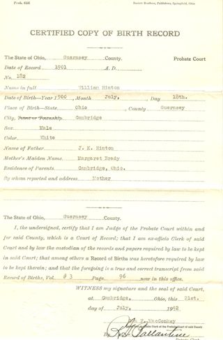 William Hinton birth certificate 7/18/1900