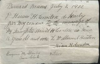 Legal consent form to Marry for Condon, Harriet H. and Hinton, William K.