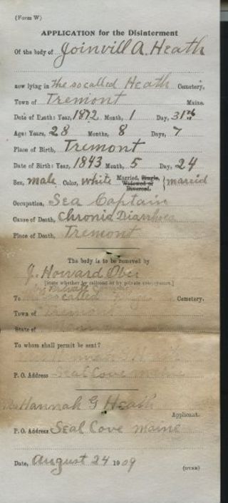 Heath, Joinville A. Application for Disinterment Form