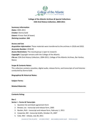 COA Oral History Collection, 2004-2011
