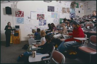 Nancy Andrews and students in the lecture hall