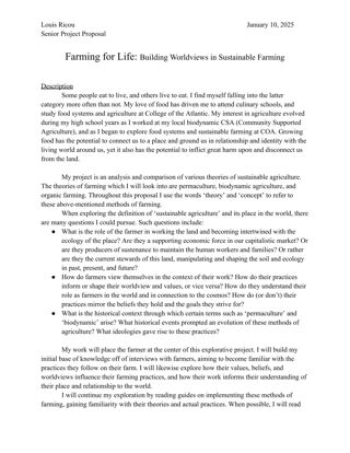 Farming for Life: Building Worldviews in Sustainable Farming, Senior Project Proposal