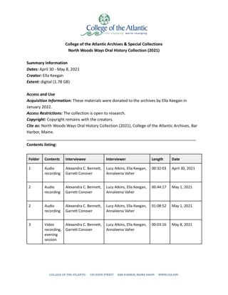 North Woods Ways Oral History Collection (2021)